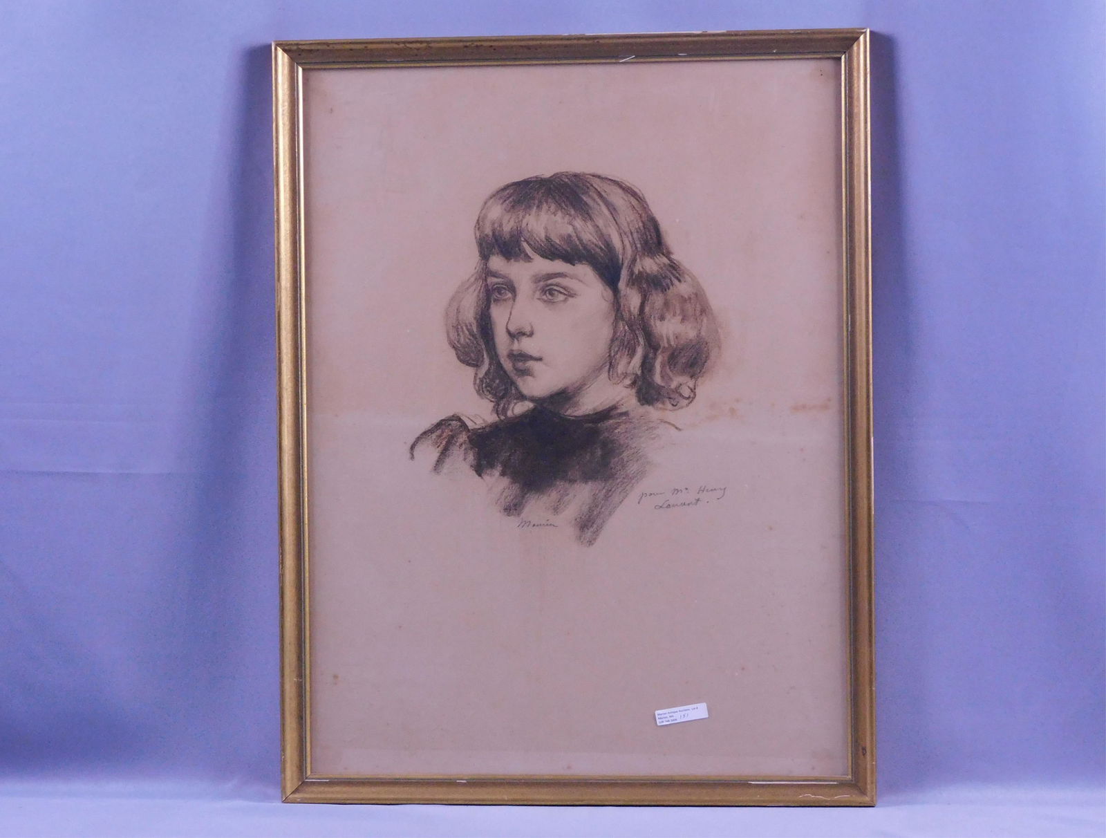 Charles Maurin (1856-1914, France) drawing of a: young boy's head, Charles Laurent bust portrait, mixed media on paper. Inscribed Pour Mr. Henry Laurent to the right of the drawing. Signed in pencil just below the portrait, "Maurin". Sight size 24 1