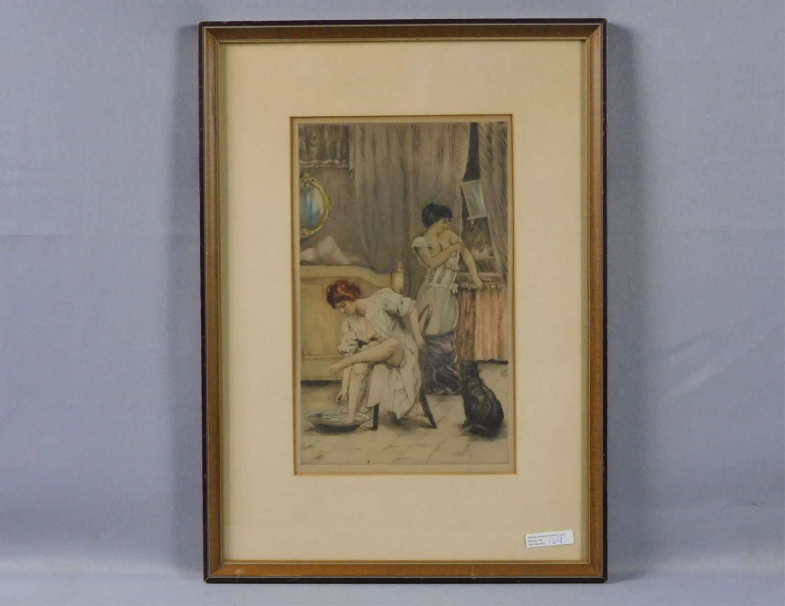 Charles Maurin (1856-1914, France) two women in: their boudoir, hand colored etching. Depicts two women dressing and washing with a cat in the foreground. Signed lower right in pencil, Maurin. #1350 Sight size 12 3/4" x 8", overall with frame 21" x