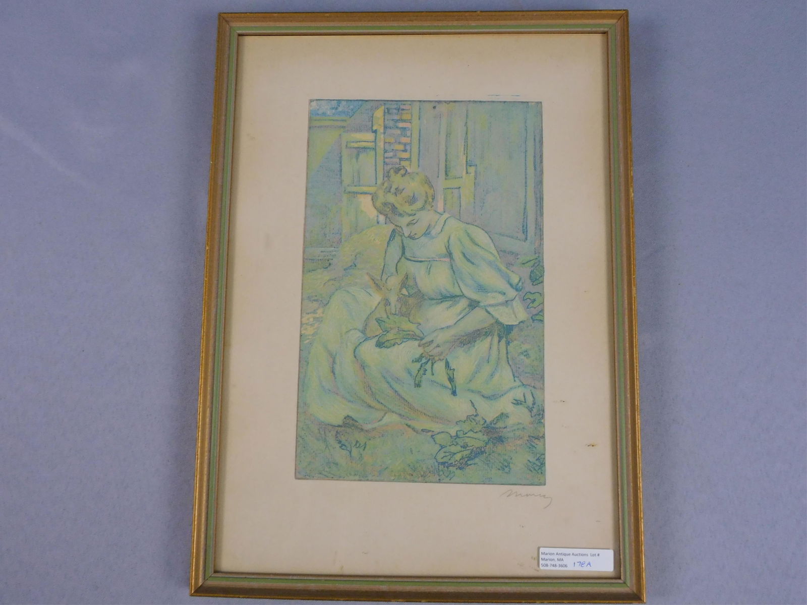 Charles Maurin (1856-1914, France) hand colored: woodblock print, depicting a woman with rabbit. Signed lower right in pencil. Sight size 9 1/2" x 6", overall with frame 15" x 10 3/4". Overall very good condition. Maurin was a graduate of Ecole des