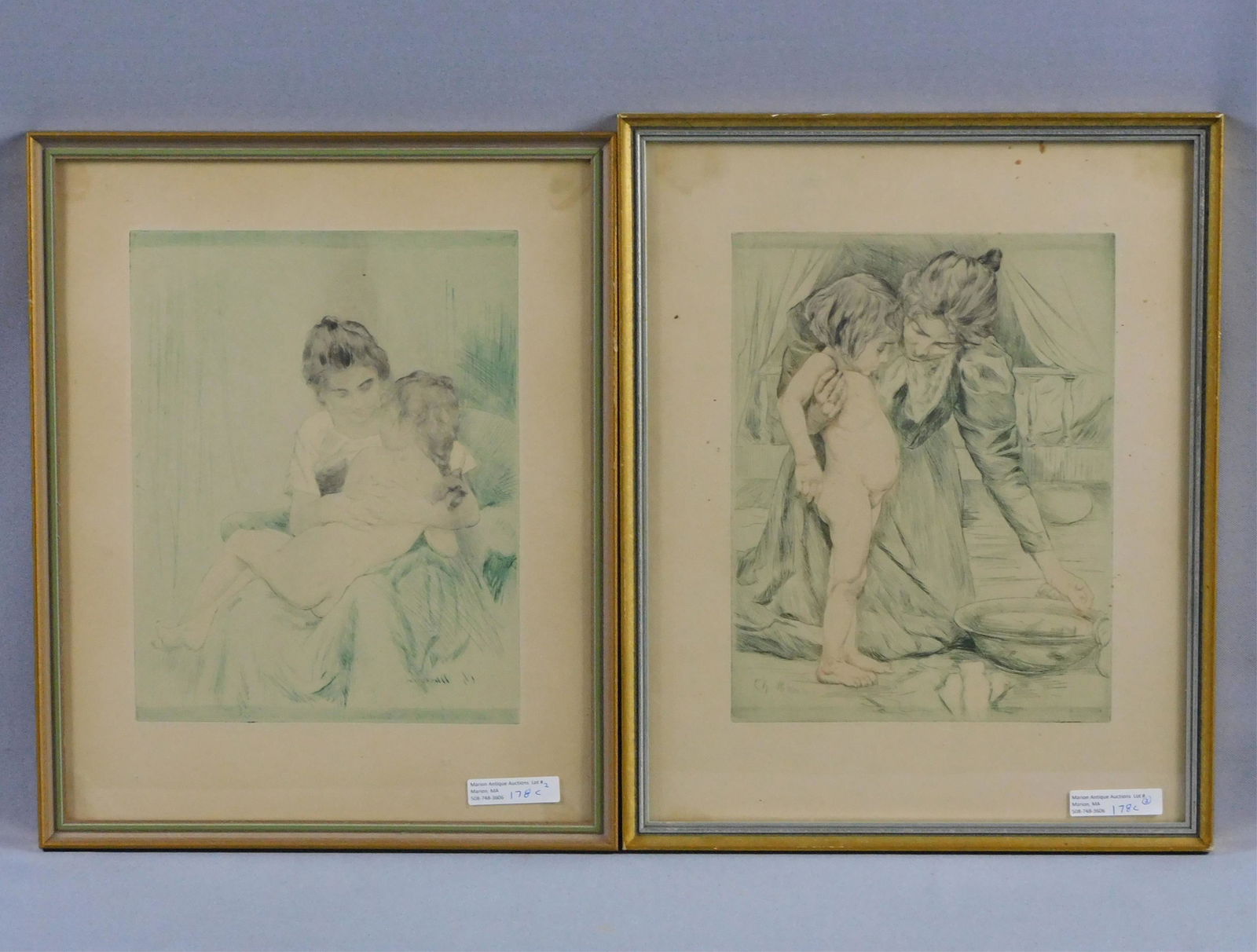 Charles Maurin (1856-1914, France) two hand: colored etchings. To include: one depicts a mother holding her child, signed lower right in plate in reverse, sight size 9 1/2" x 7 1/2", overall with frame 13 3/4" x 11", good overall condition. Alon