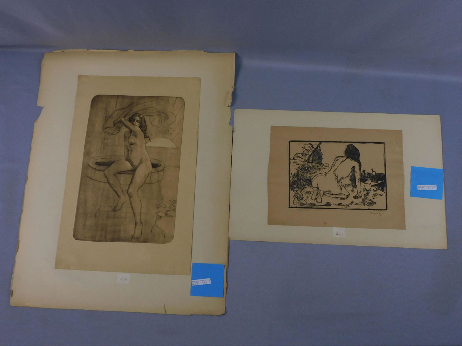 Charles Maurin (1856-1914, France) pair of: prints: a woodblock print titled "La Sphinge", depicting a nude woman kneeling, leaning on her hands and knees, windmill in background. Signed CM in the bottom left, and outside print lower right Maur