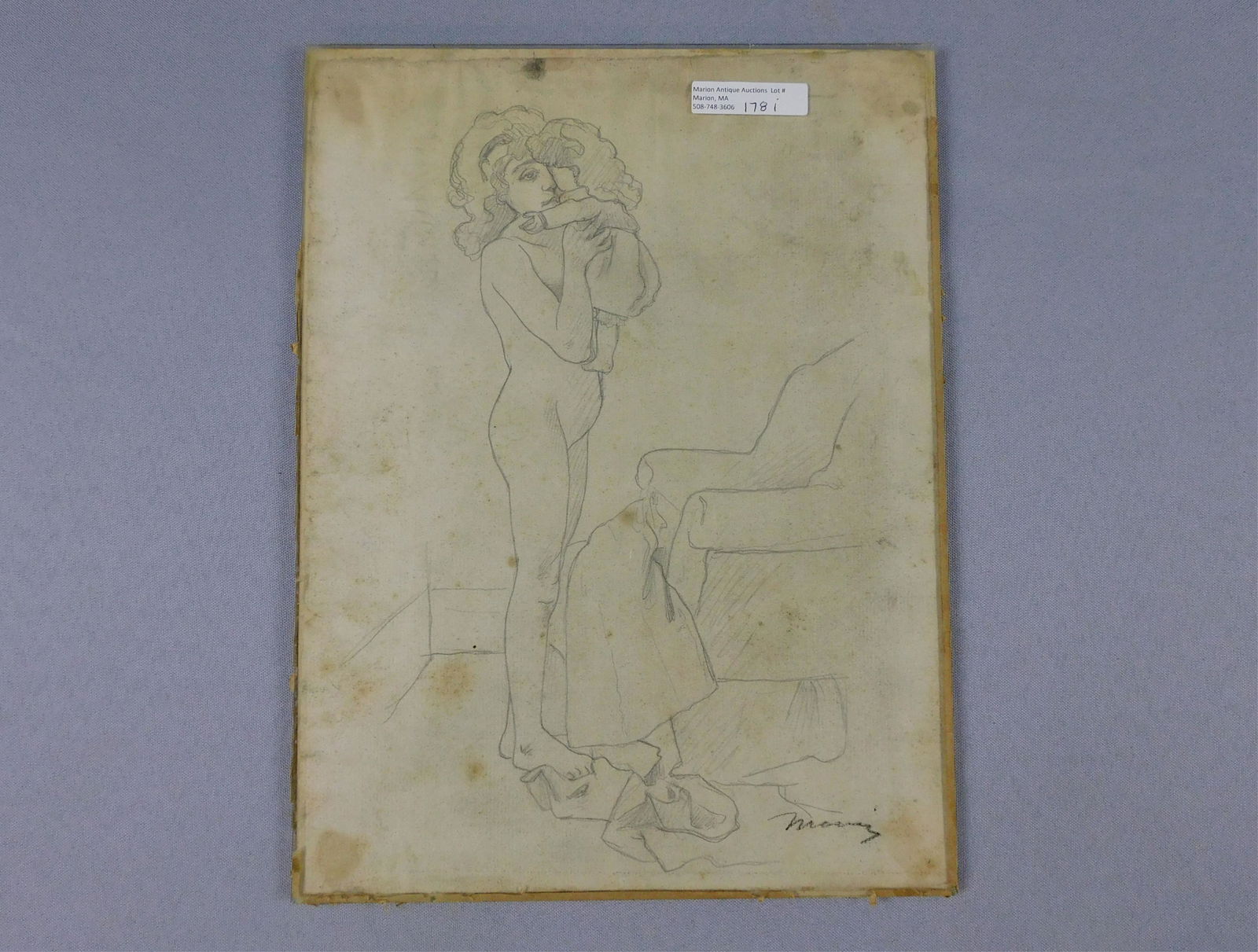 Charles Maurin (1856-1914, France) Standing: Little Girl Hugging her Doll, pencil drawing on paper on artist board, under glass, affixed at corners. Unframed. Signed lower right, Maurin. Paper is watermarked Ingres, upper right. 15 3/4" x 9 1/2"