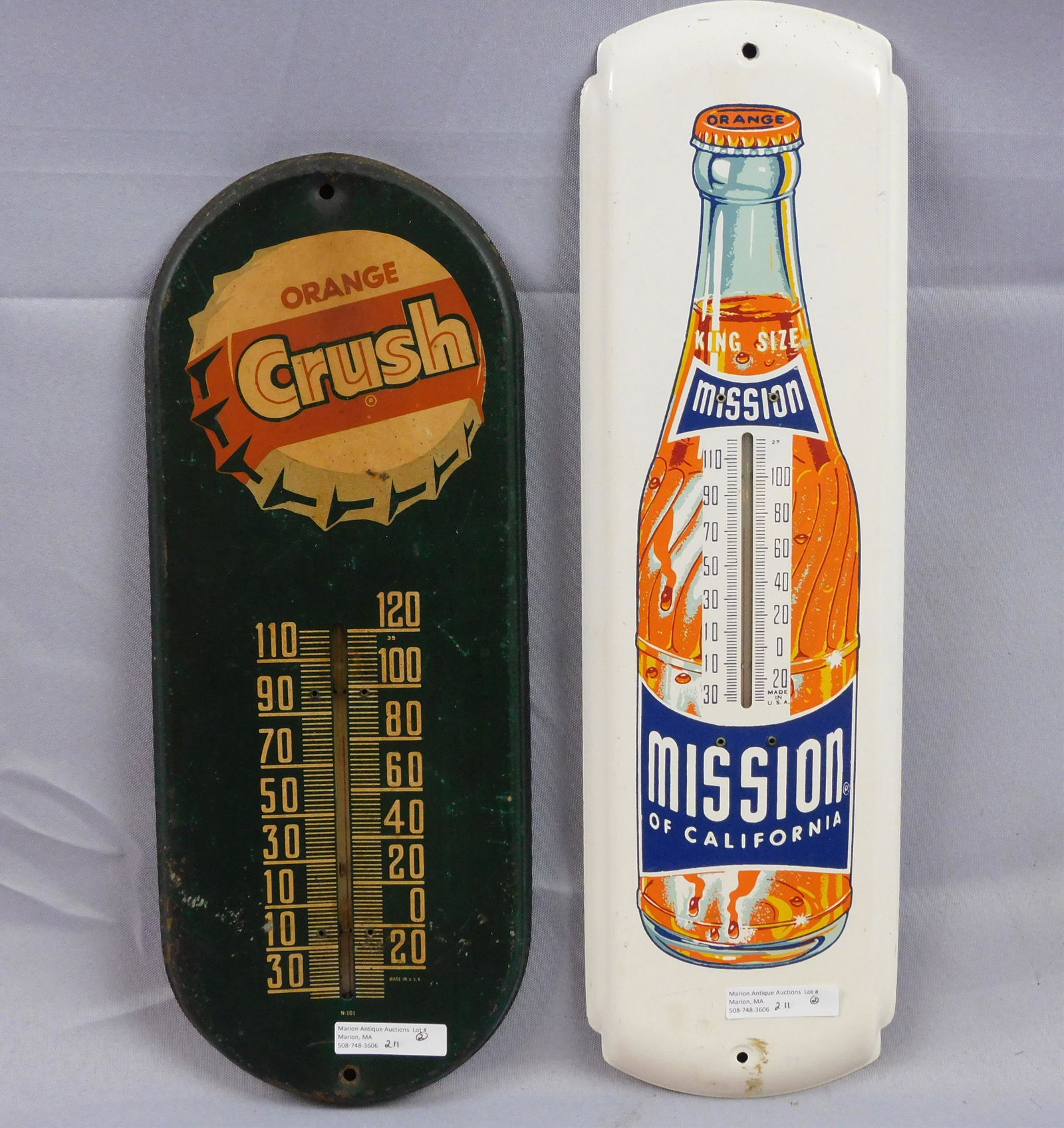 Vintage Orange Crush tin lithographed: thermometer, early 20th c. Original painted decoration. 15" x 6". Shows minor paint wear and rust to verso. Appears to be working. Along with Orange Mission of CA thermometer, tin with original painte