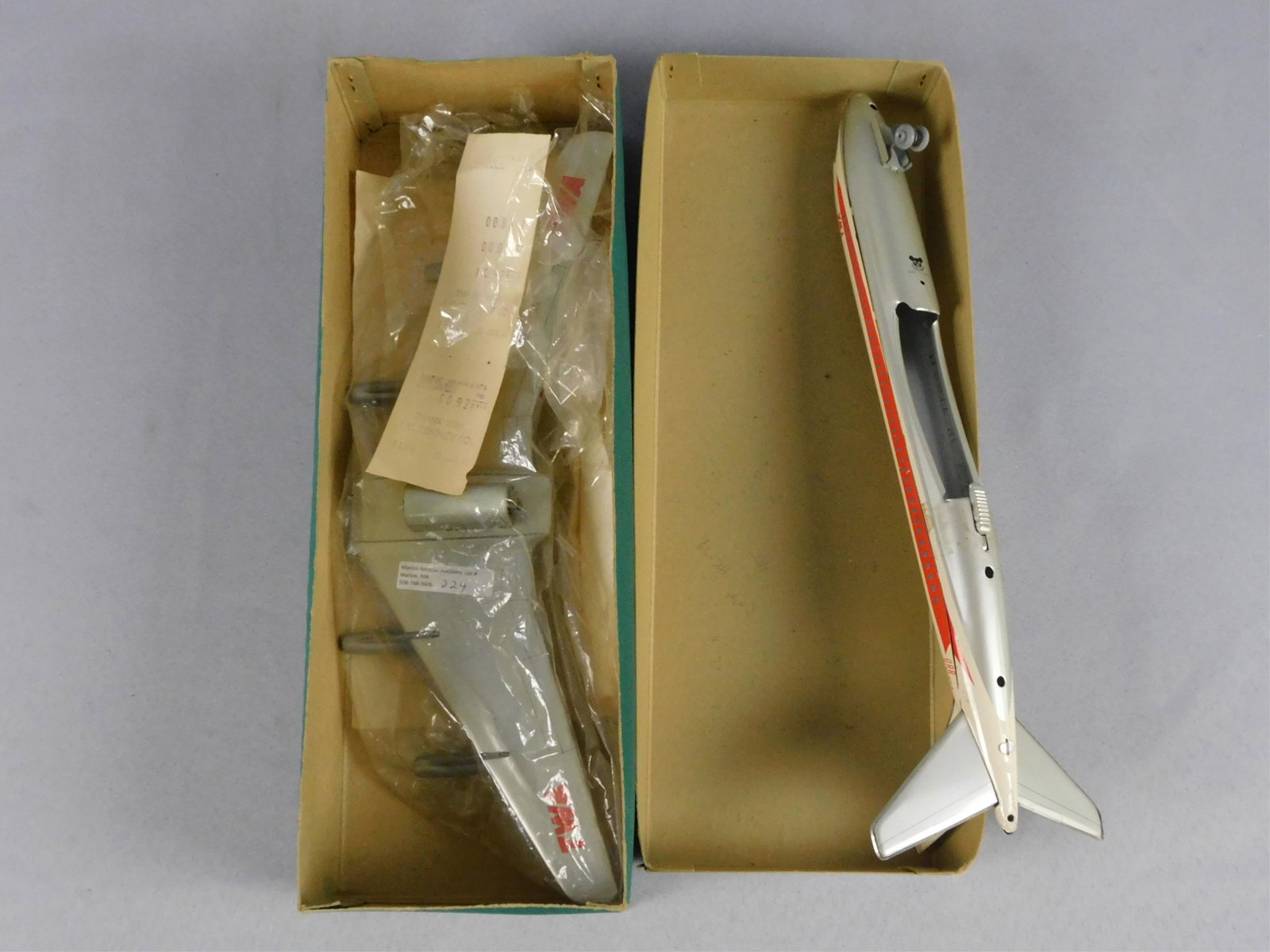 Vintage TWA Jet Liner tin lithograph friction: toy, original box, by Tomiyama, Convair 880 Jet Liner. Ca. 1962. Original sales slip. Purchased at JC Penny for 88 cents plus tax. Excellent original condition. Minor dent on top. Plane is 14" long, 1
