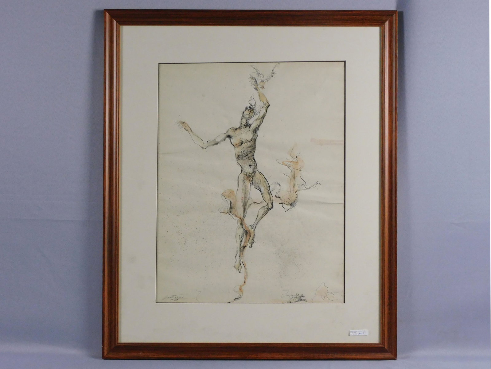 Antonio Gattorno (1904-1980, Cuba, New York,: Massachusetts) mixed media drawing titled "Transcendente". The work depicts a naked man in midair. Signed lower left, Gattorno, dated 1942. Also remarked LP with a drawing of a person on horseback. Ga
