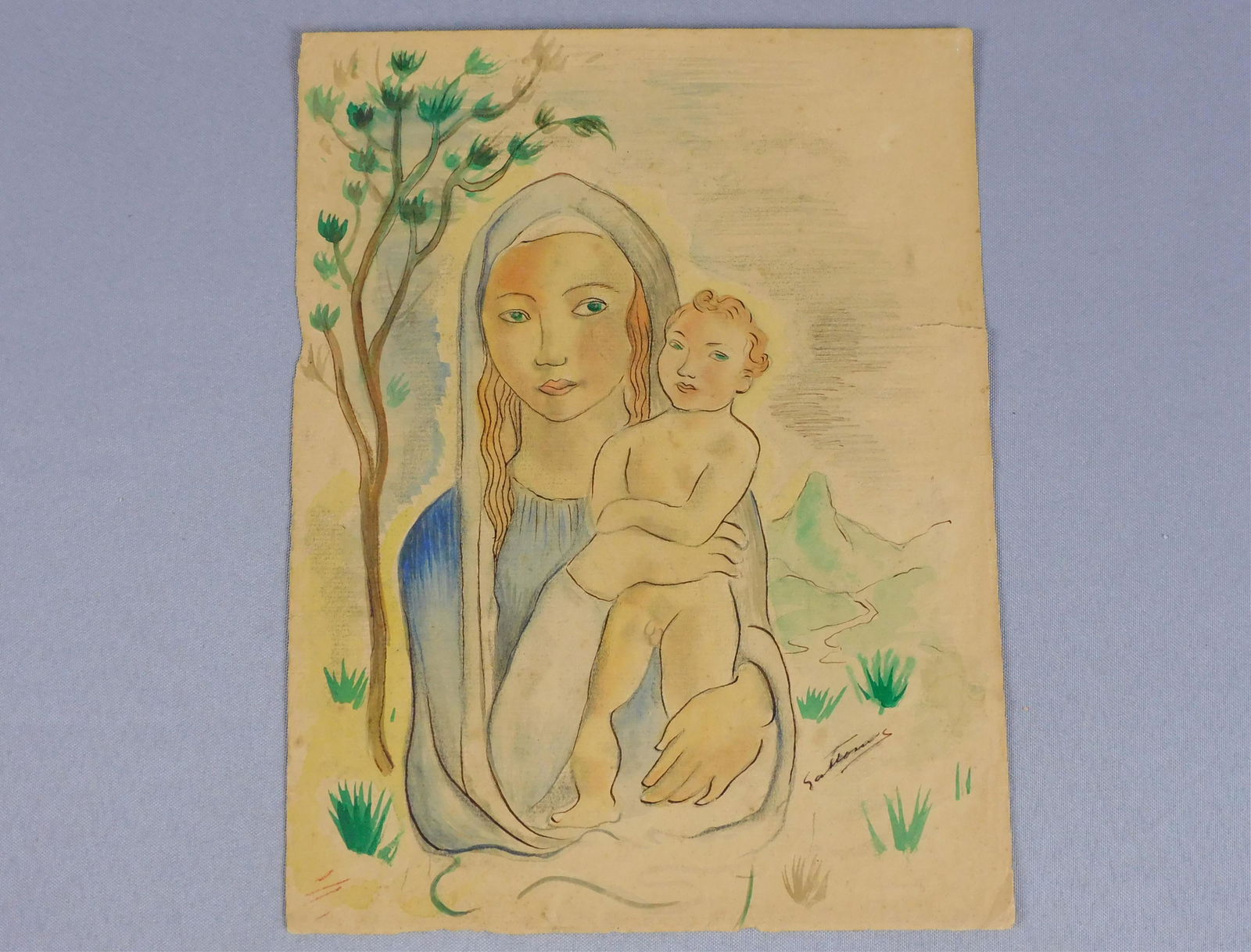 Antonio Gattorno (1904-1980, Cuba, New York,: Massachusetts) watercolor painting on paper, depicting a mother and child. Signed lower right. Gattorno was part of the first generation of modern Cuban artists along with Wilfredo Lam, Victor Manuel,