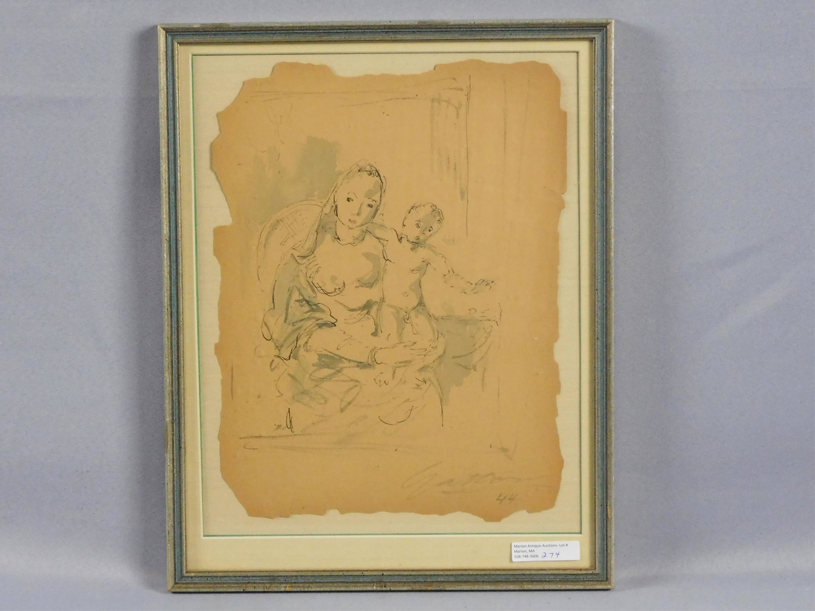 Antonio Gattorno (1904-1980, Cuba, New York,: Massachusetts) watercolor painting on parchment paper with torn edges, depicting a mother and child. Signed lower right, Gattorno â€˜44. Image is intact. Gattorno was part of the first generation 