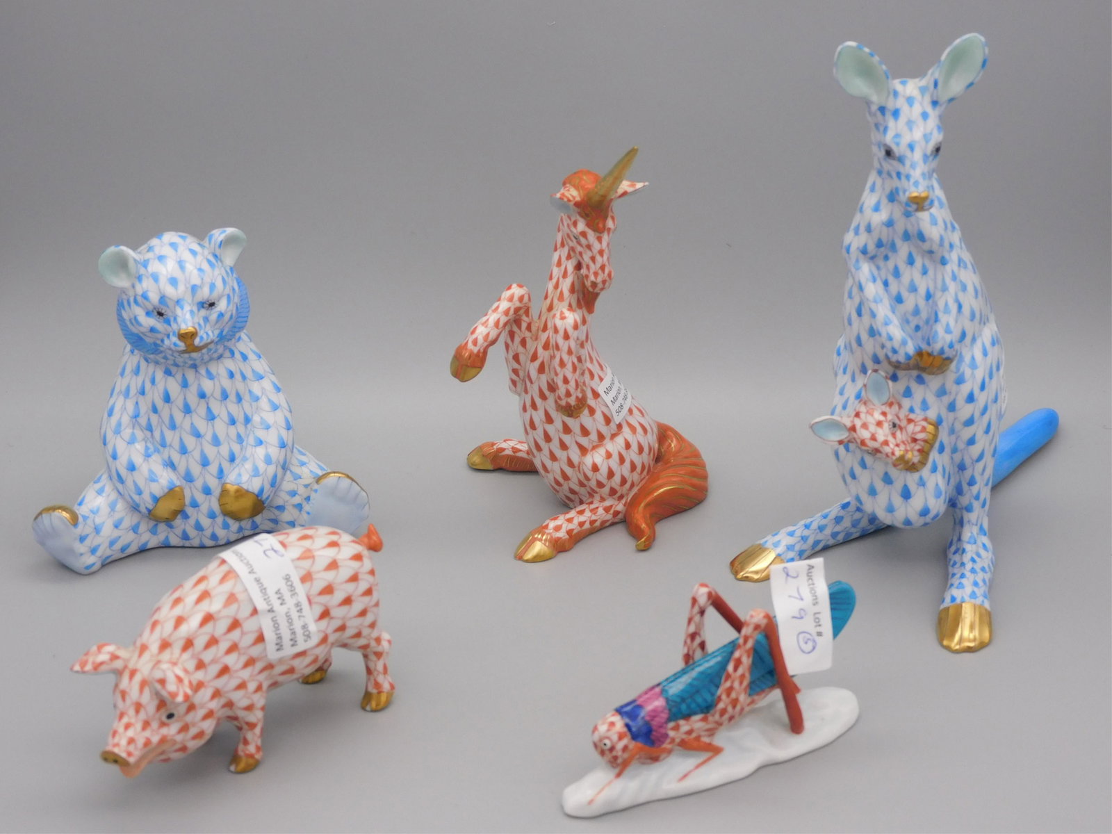 (5) Herend figurines, fishnet pattern. To: include: seated bear, blue fishnet with gold accents, 3 1/4" high. Kangaroo with Joey peeking out of her pouch, blue fishnet with gold accents, joey is an orangey red fishnet, 6" high. Grasshopper wit