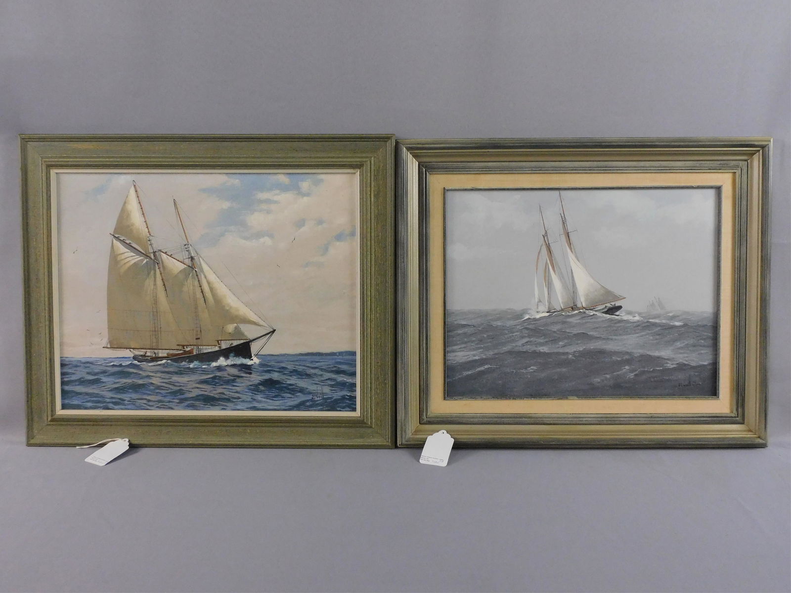 Ben Neill (1914-2001, Massachusetts) two oil on: canvas paintings depicting fishing schooners under sail. One is titled "Gloucester Fishing Schooner Harry Belden heading for the Banks", the other is titled "Fishing Schooner in a Gray Mist". Both are