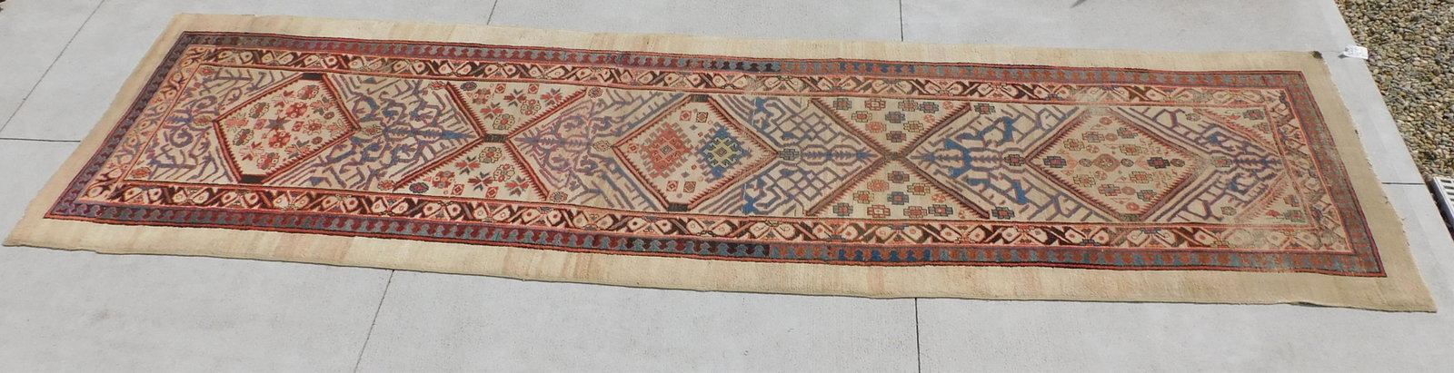 Camel hair Hamadan runner with geometric design.: Ca. 1900. Shows some areas of wear. 12' 9" x 3' 7".