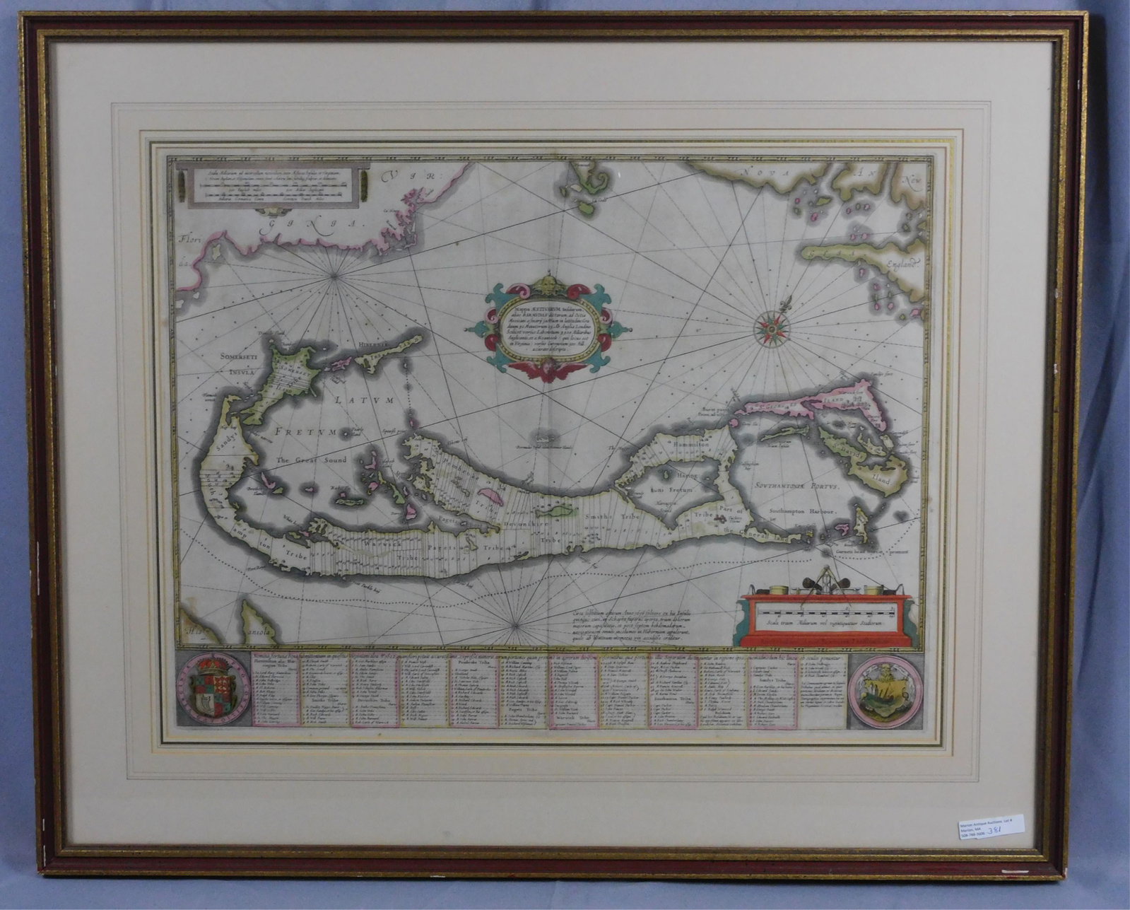 Jan Jansson Map of Bermuda. 1616.: Based on the Hondius map with plate mark and Latin text. There are wide margins. Jansson was a Dutch publisher and printer. Map has good coloring and an old repair top right that is not visible. It is