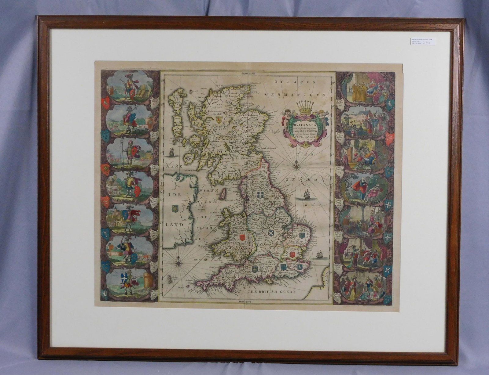Map of Britannia, 1646, Jan Jansson - Heptarchy,: depicting the 7 kingdoms of Anglo Saxon England. Great colored engravings on borders showing the different kingdoms. Description on the back of a two-sided frame. Good condition, not laid down. Sight 