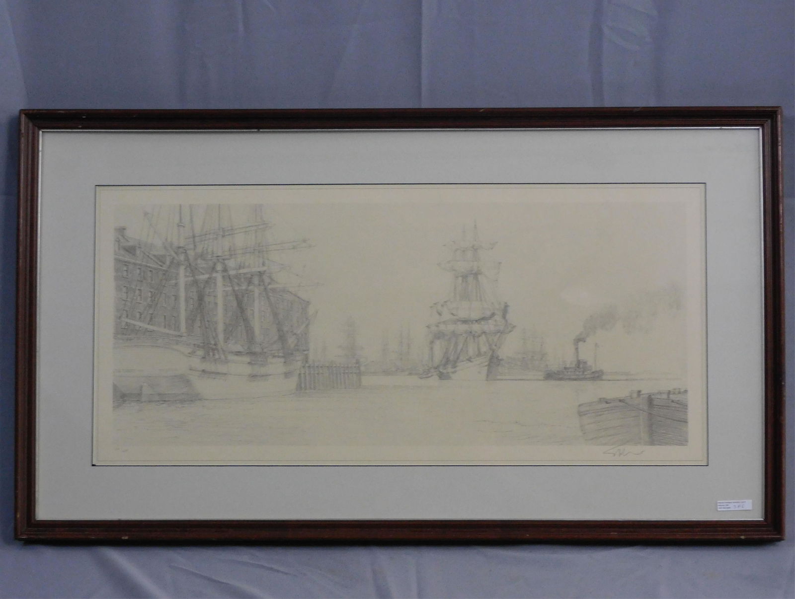 John Stobart (1929 - , Massachusetts, Florida): framed black and white lithograph depicting a 19th c. scene of Boston Harbor with the ship Northern Light at dock. Signed lower right. Sight size 14" x 31", overall with frame 22" x 39".