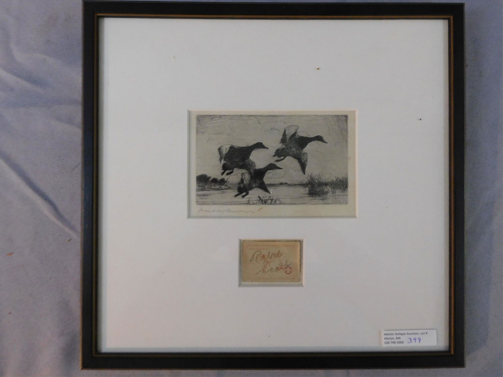 Frank Weston Benson (1862-1951, Massachusetts): framed and glazed etching depicting three Canada geese taking flight. Signed lower left. Sight size 3 1/2" x 5 1/4". Comes with migratory bird hunting stamp, $1, dated June 30, 1936, and hand signed b