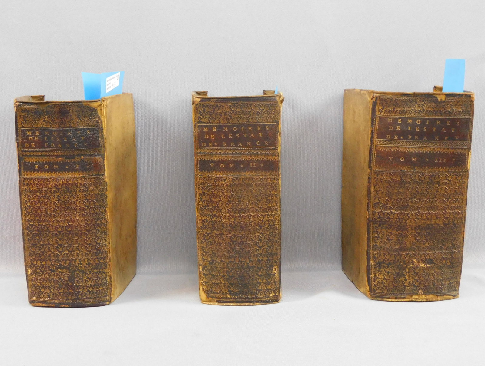 Memoirs of the State of France, Charles: Neufiesme, 1578, 3 vols. Written in French with original vellum boards and leather spines. Octavo, 7 1/4" x 4 1/2". Vol. I states on frontispage "Containing most notable things made and published both