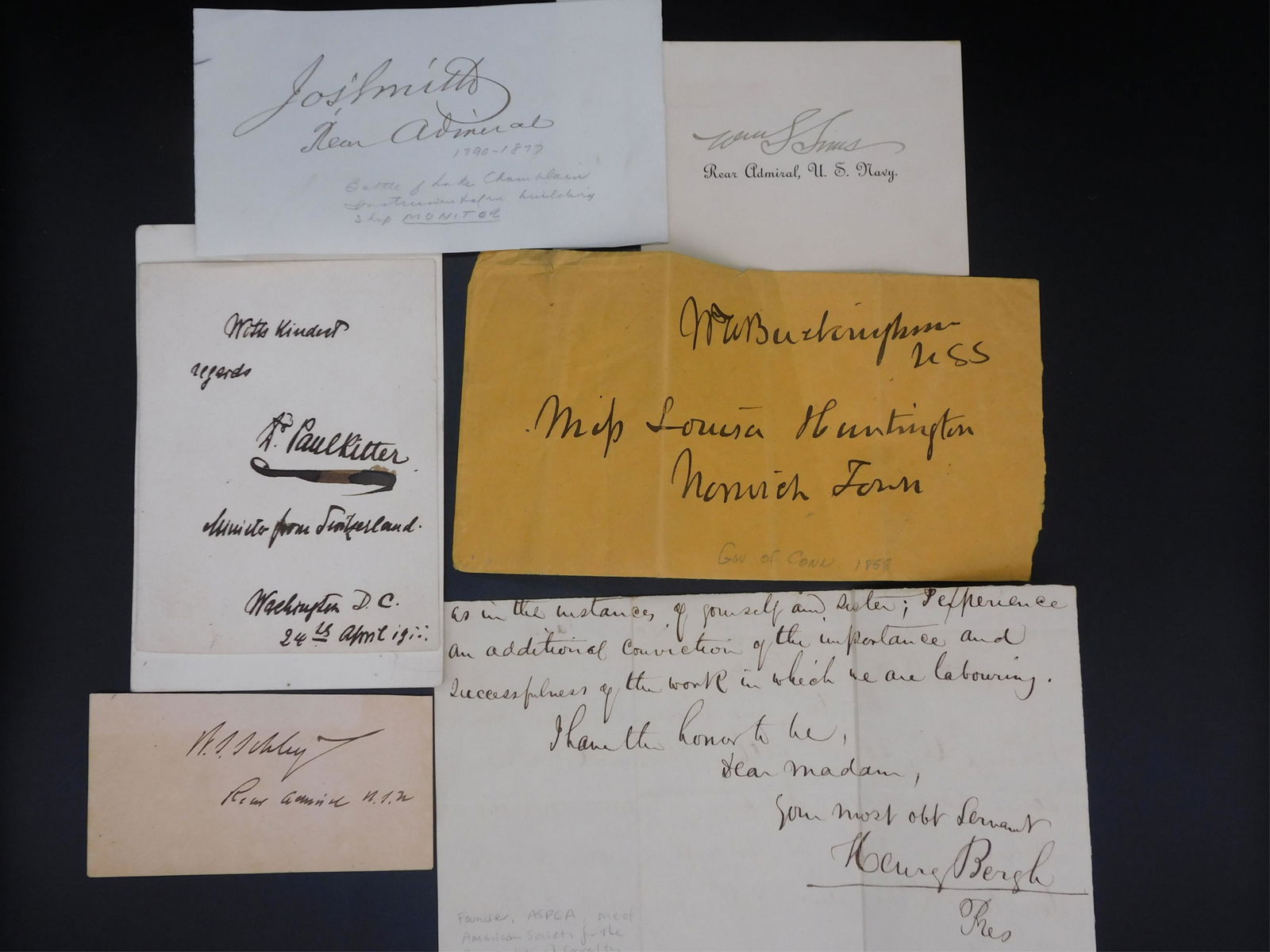 (6) Naval signatures and ephemera. 19th c. To: include: Joseph Smith, Rear Admiral (1790-1877), famous for his participation in the battle of Lake Champlain and was involved in the building of the battleship Monitor, autograph, 7 1/2" x 3". Rear A