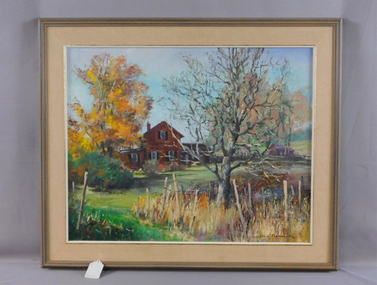 Ward Palmer Mann (1921-2005, New York,: Massachusetts) oil painting on artist board, titled "Dugary Road", depicting an old farmhouse in a fall landscape. Signed lower right, has a Salmagundi Club exhibition label on verso with a $1,200 pri