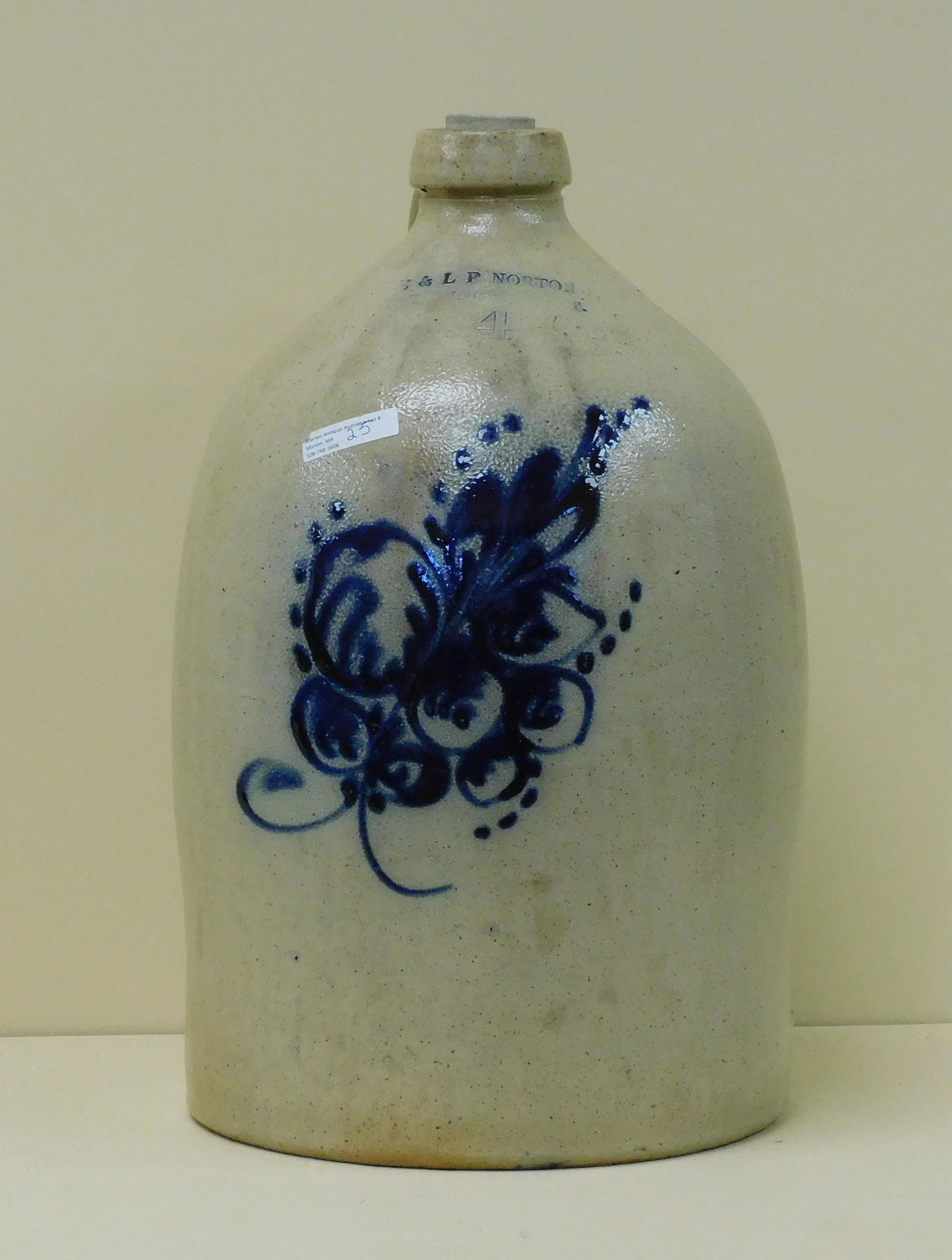 4 gallon stoneware jug, 19th c. By E. L. Norton: of Bennington, VT. 18" high, 10 1/2" diameter. Overall good condition.