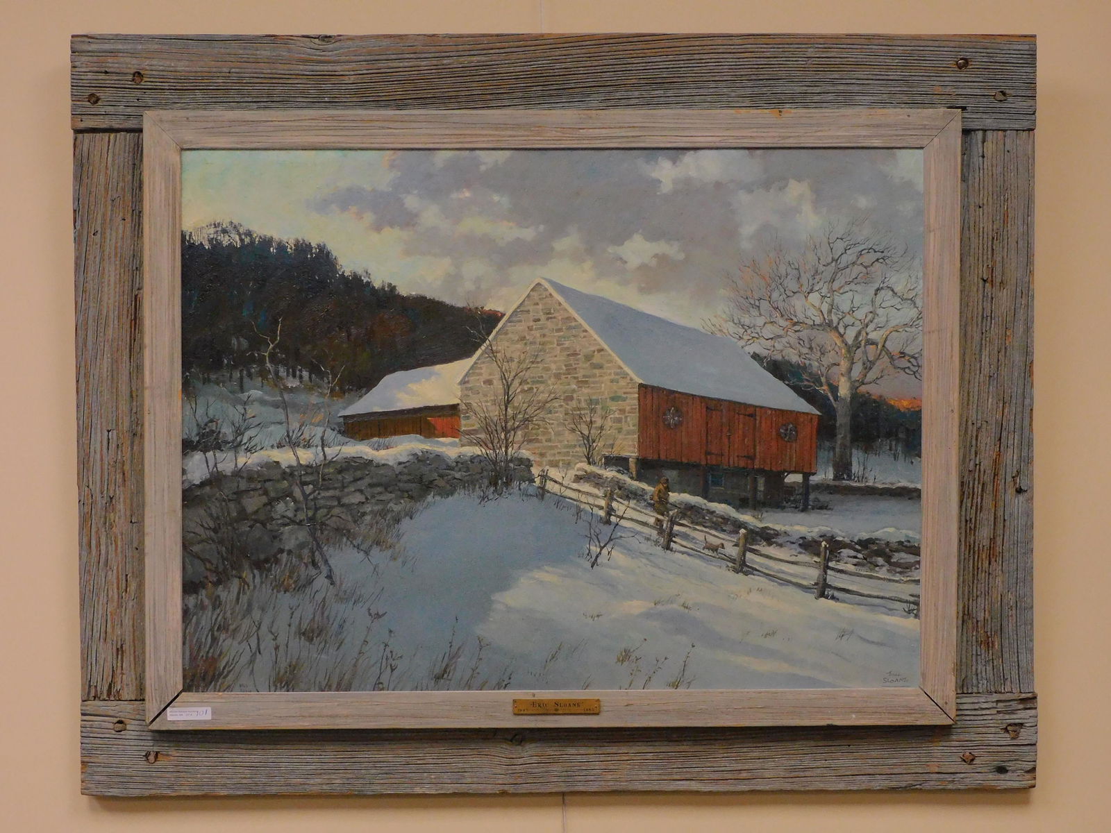 Eric Sloane (1905-1985, NY, CT) oil painting on: masonite board. Winter landscape depicting a stone end barn, hunter with dog at sunset. Signed lower right, and on verso, Eric Sloane, Brookfield, Conn. Custom pine frame, probably original. Sight siz