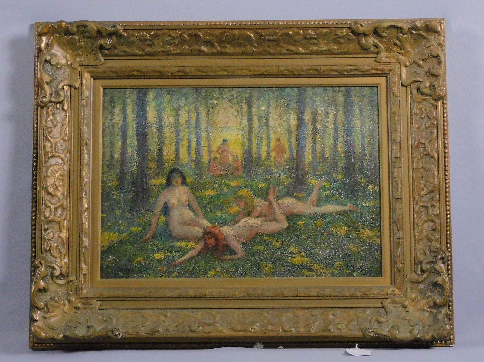 George A. Hays (1854-1945, RI, MA) oil painting: on board, titled on verso "Nymphs of the Wood", depicting women lying recumbent on the forest floor. Signed lower left. Sight size 13 1/2" x 19 1/2", overall with original carved and gilded gesso fram