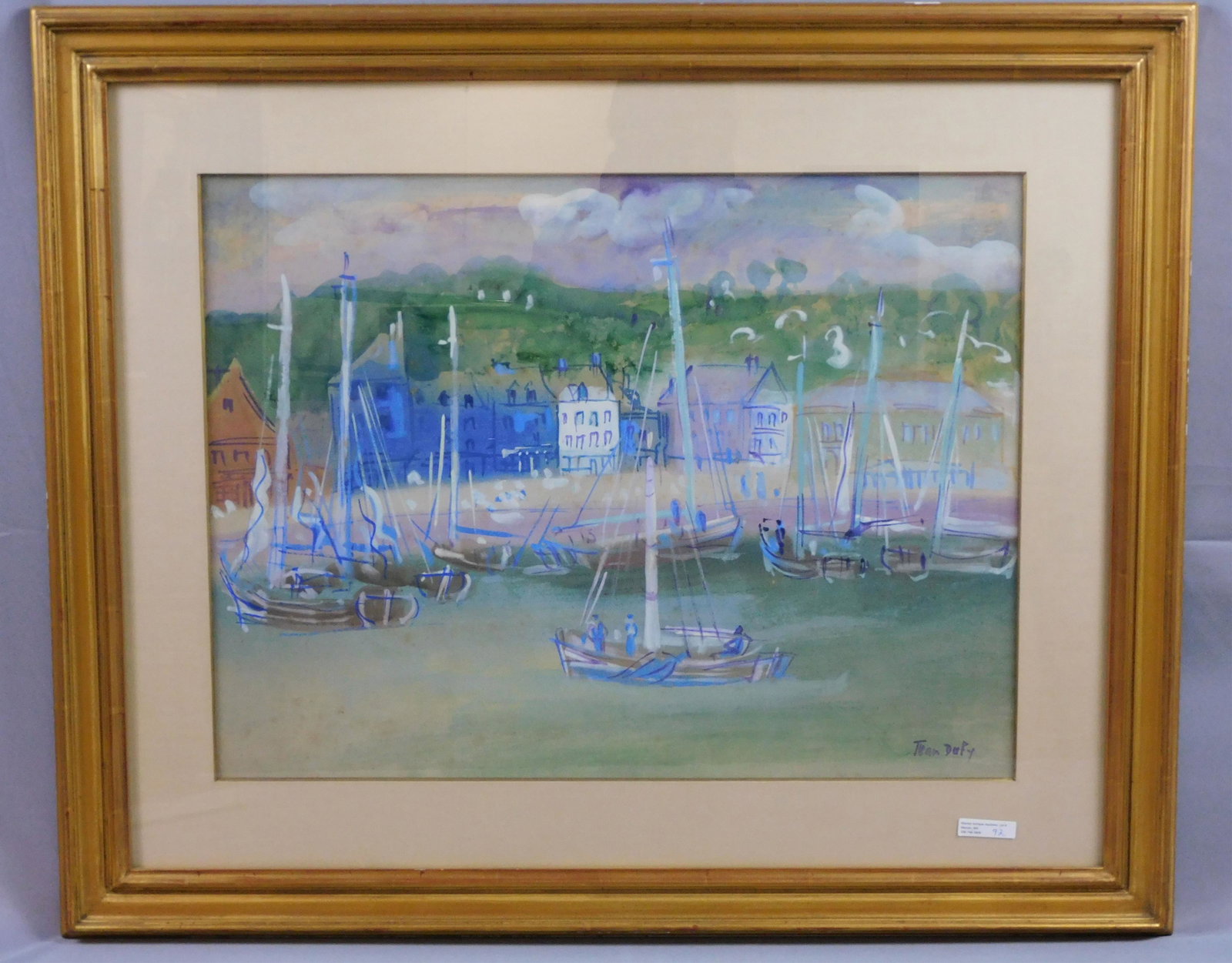 Jean Dufy (1888-1964, Fance) watercolor painting,: depicting a French harbor scene with sailboats and people. Signed lower right. Sight size 18 1/2" x 24", overall with frame 28" x 34 1/2". Shows light foxing. Modern carved and gilded frame. Provenanc
