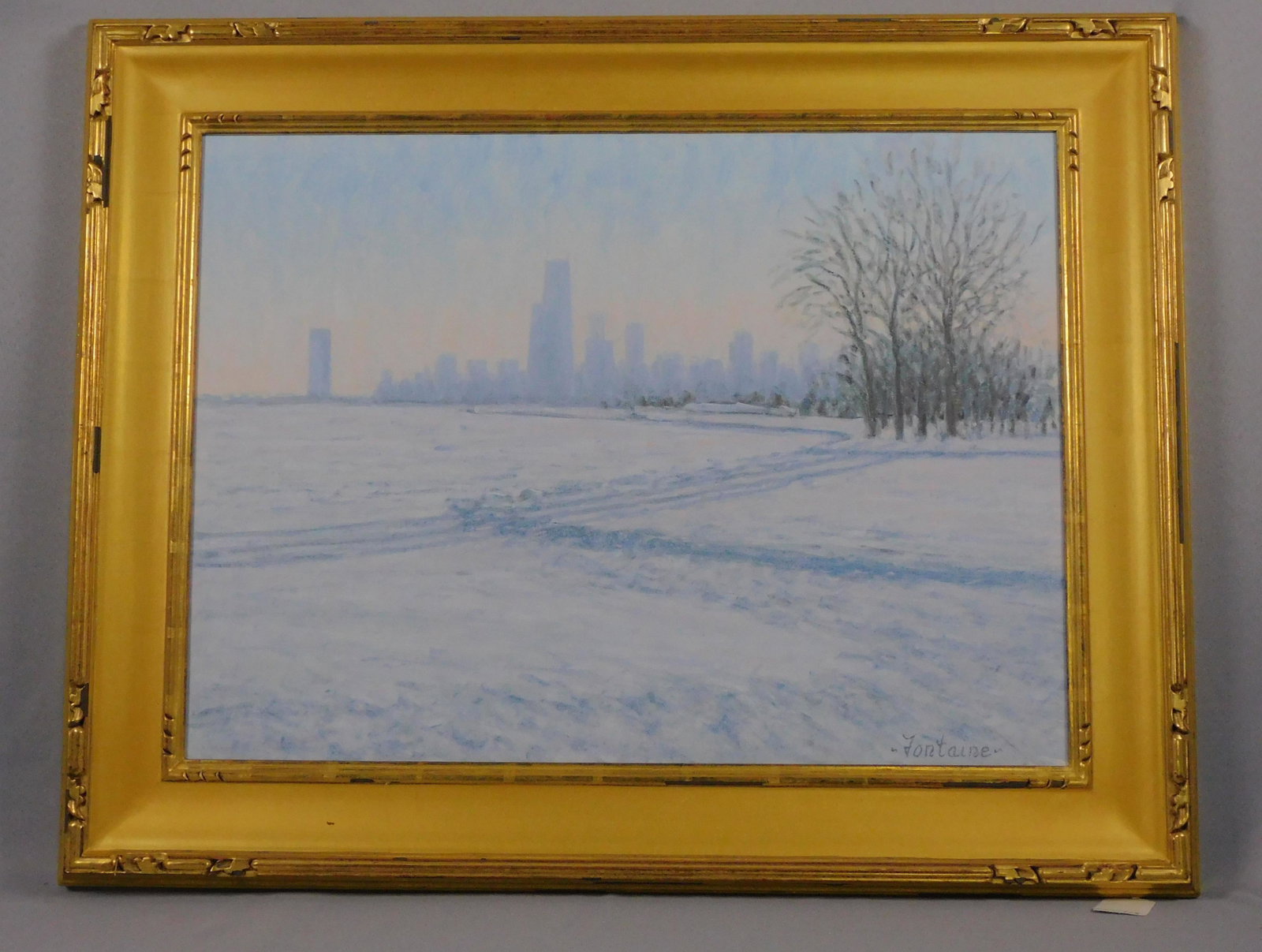 E. Joseph Fontaine (1929-2004, MA, RI) oil: painting on canvas, Boston cityscape in winter. Depicts a snowy park with a foggy city skyline in the background. Quality contemporary carved and gilded frame. Sight size 21 1/2" x 29 1/2", overall wi