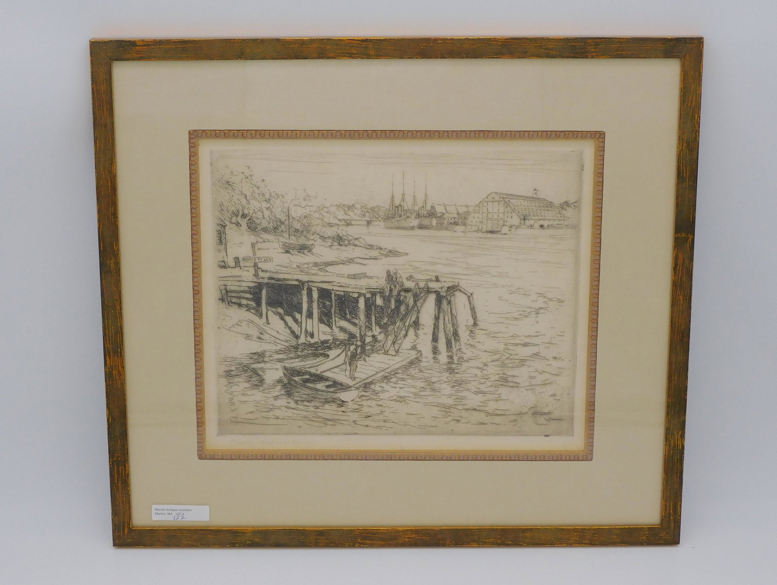 Charles Woodbury(1864-1940 National Academy): etching, titled "Navy Yard, Portsmouth, NH". Signed lower left, 22/150, edition 150. Wooden gilded frame, ornate gilded liner, UV glass. Sight size 9 1/2" x 11 1/2", overall 15 1/2" x 17 1/2". Excelle