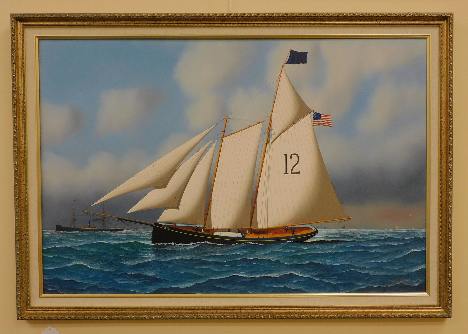 Jerome Howes (b. 1955, NY, MA, VT) oil painting: on artist board, depicting the Boston Pilot schooner under sail. Signed lower right. Sight size 25" x 38", overall with frame 28" x 40". Overall good condition.