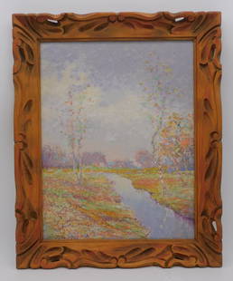 Louis H. Richardson (1853-1923, South Dartmouth,: MA) oil painting on board, depicting a colorful woodland scene with river and birch trees. Signed lower left. Sight size 17 3/4" x 13 1/4", overall with carved wooden frame 22" x 18".