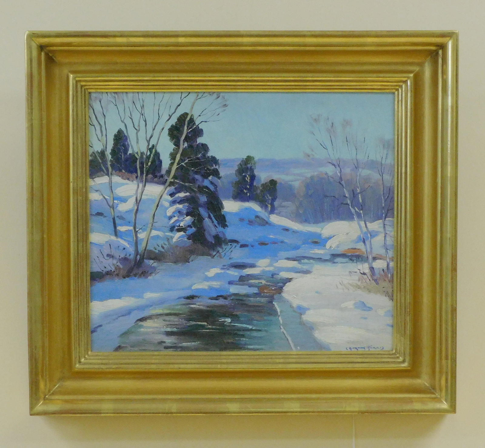 C. Gordon Harris (1891-1963, RI) oil painting on: artist board titled "Creek in Winter". Signed lower right. Sight size 12" x 14", overall in a high quality gilded frame 17" x 18". Good condition.