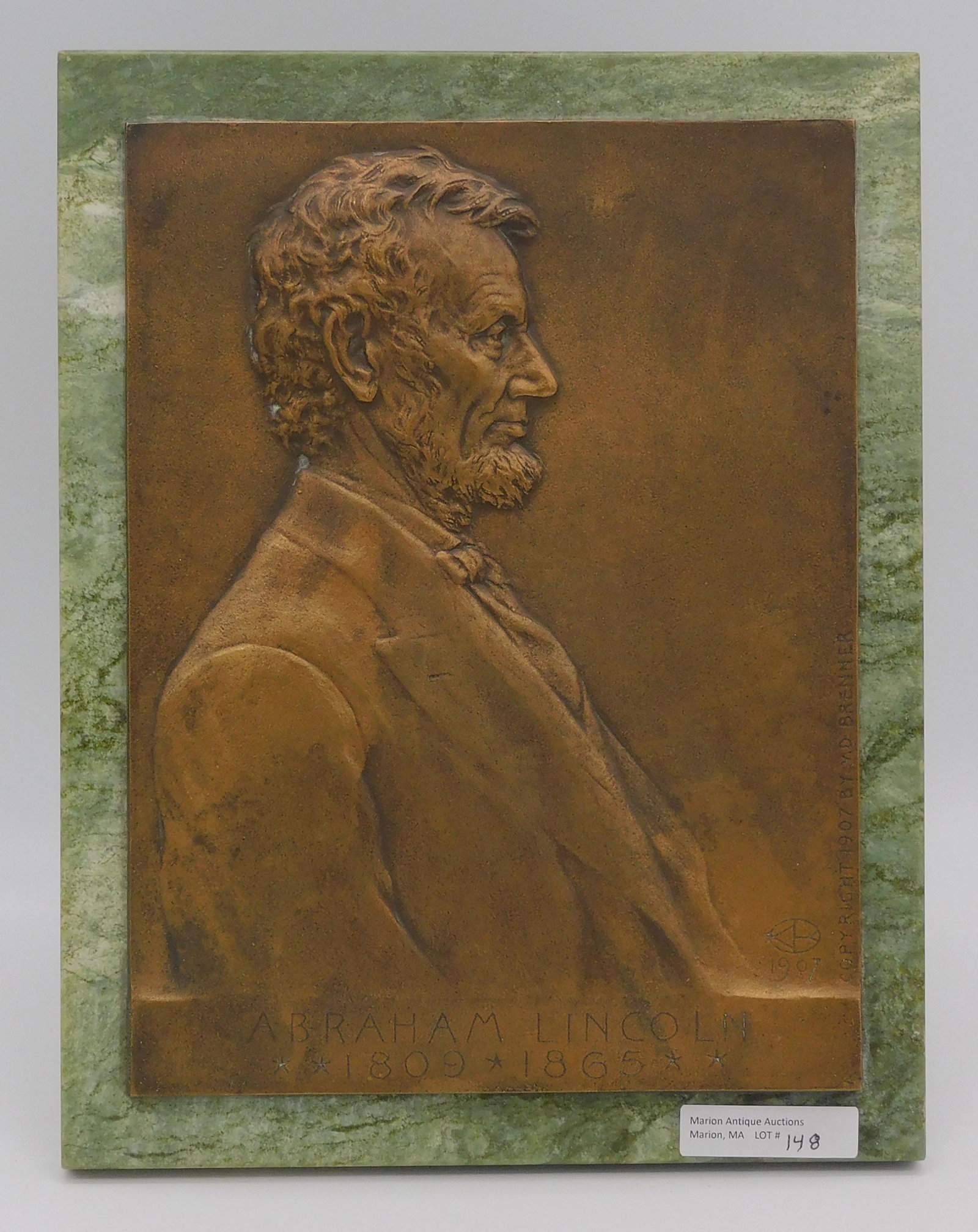 Victor D. Brenner (1871-1924, NY) bronze plaque: of Abraham Lincoln in relief. Signed lower right, copyright 1907 by VD Brenner. Titled "Abraham Lincoln, 1809-1865". Victor David Brenner was one of the premier American metalists of the late 19th and