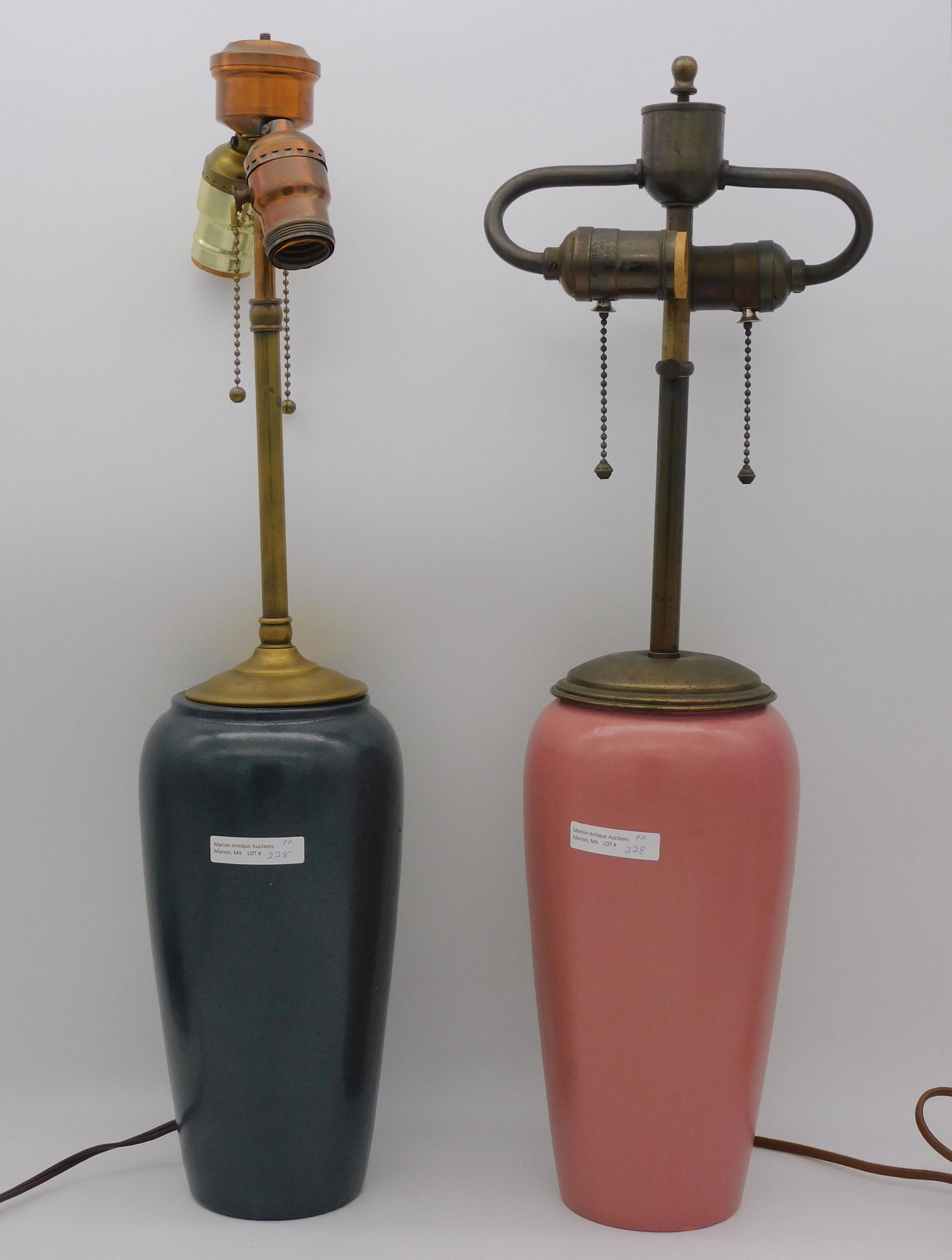 Saturday Evening Girls, two similar pottery table: lamps, ca. 1920, Boston, MA. One is a mauve colored glaze, signed on bottom SEG ‘21, pottery section is 10" high, and overall 22" high, approx. 5" diameter, wiring is new, and lamp fixture appears t