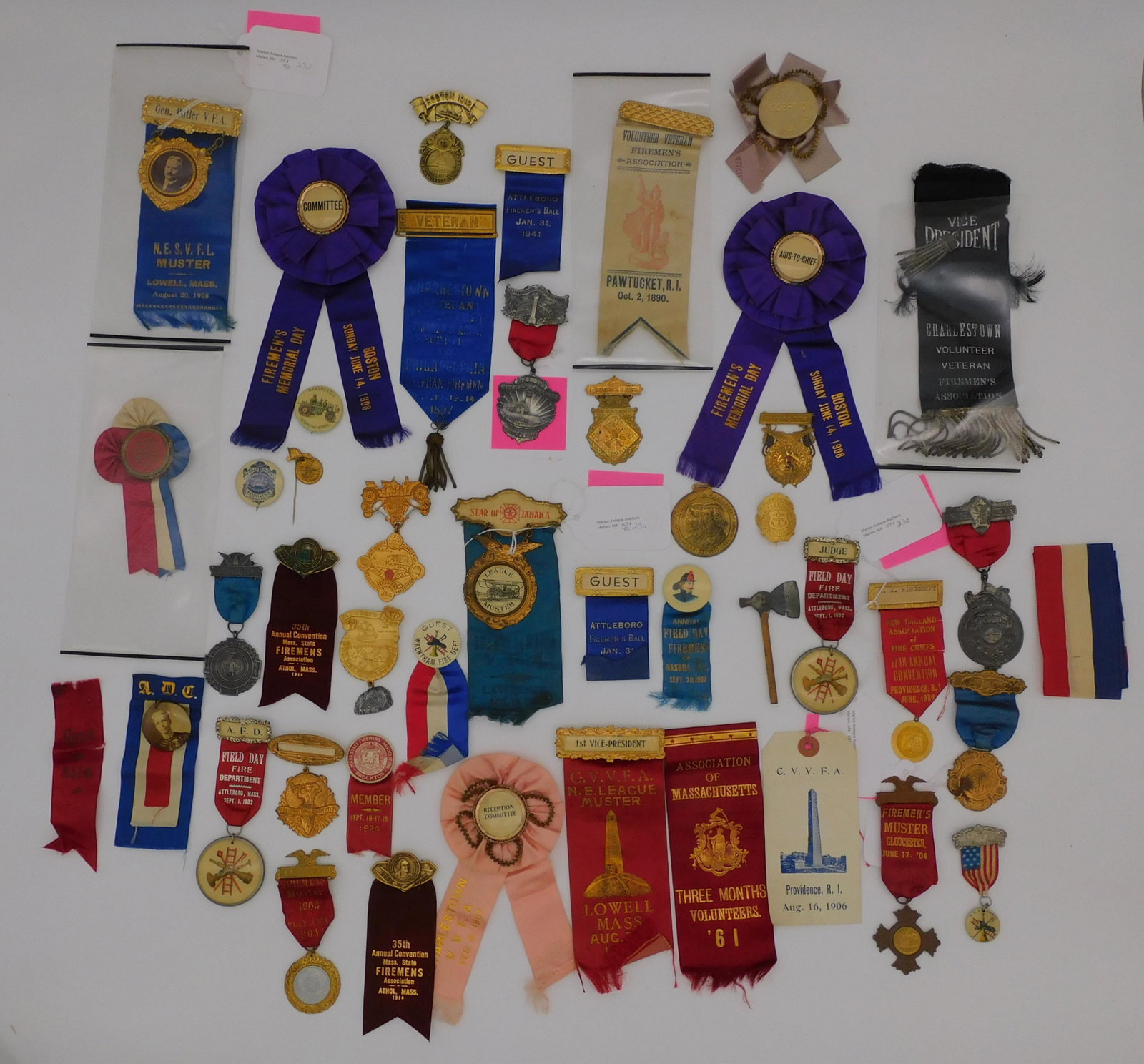 (40) firemen badges, pennants. To include: New: England Association of Fire Chiefs, 17th annual convention, Providence, RI (attendee was A. A. Kingsbury). Massachusetts Fireman's Association, Boston, 1912. Firemen Field Day, Nashua, NH, 1902. Firem