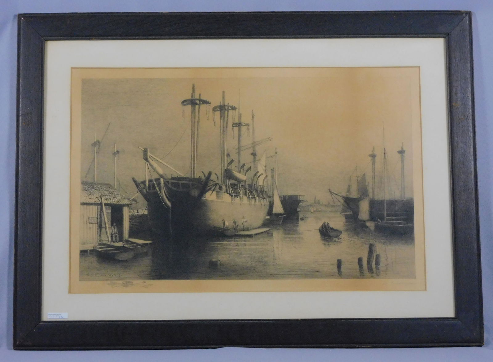 Lemuel D. Eldred (1848-1921, Fairhaven, MA): framed and glazed etching, depicting a whaler at the dock in New Bedford getting refitted. Fairhaven skyline in the distance. Signed lower right in pencil and lower left in plate. Dated 1906. Remarked