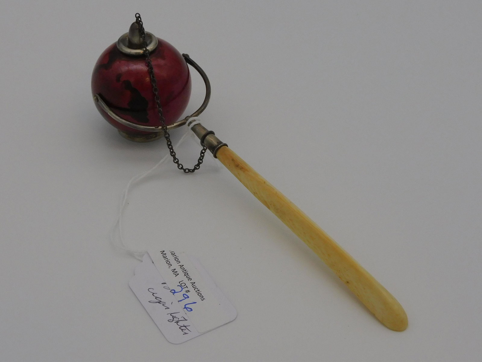 S. Cottle & Co., NY sterling and other metal: cigar lighter with bone handle. 6 1/2" long, 2" at widest point.