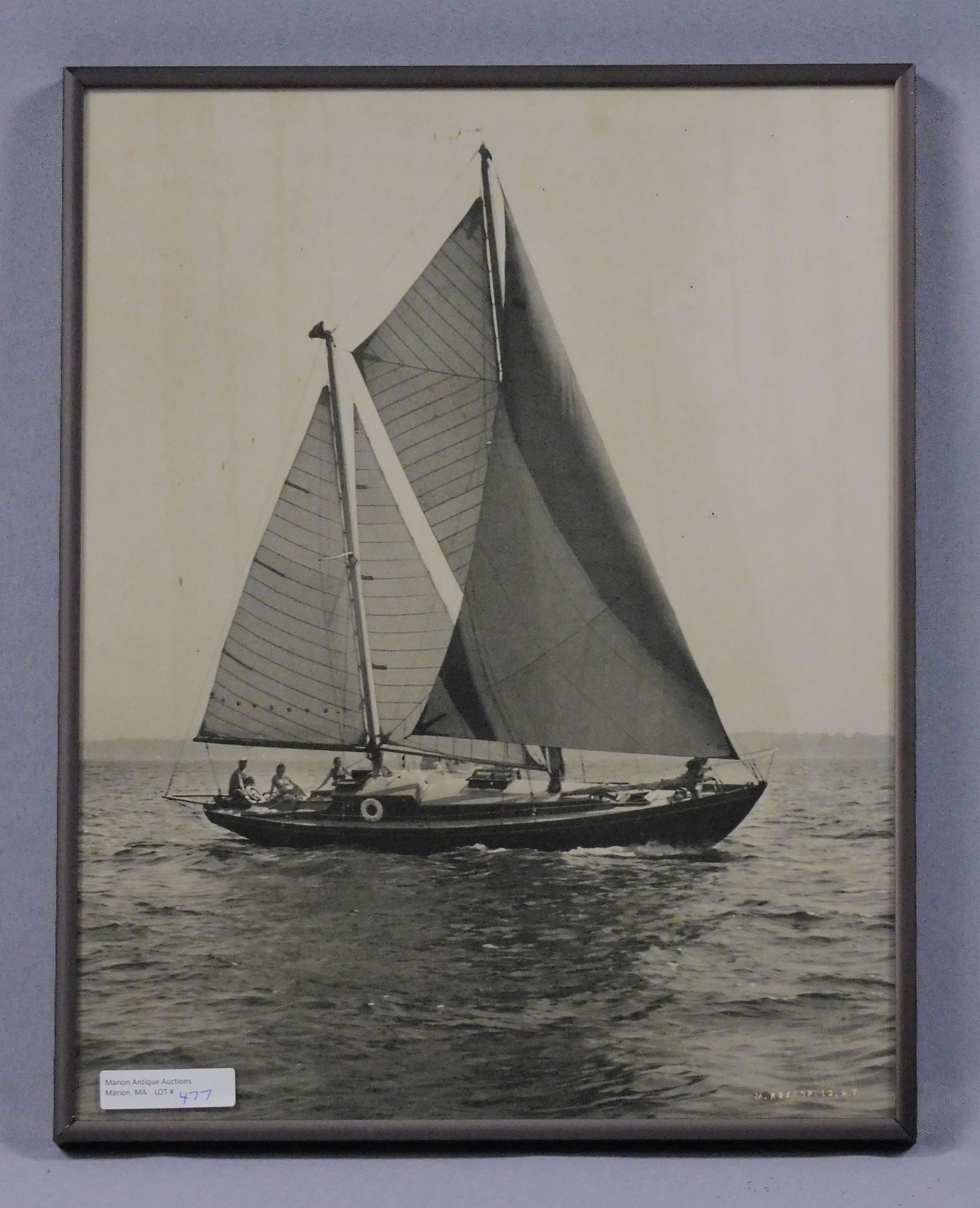 M. Rosenfeld (1884-1968, NY) framed period: photograph of a yacht under sail, ca. 1940. Signed lower right. In a modern metal frame with UV glass. Sight size 13 1/2" x 10 1/2", overall 14" x 11". Shows slight crease to bottom corner.