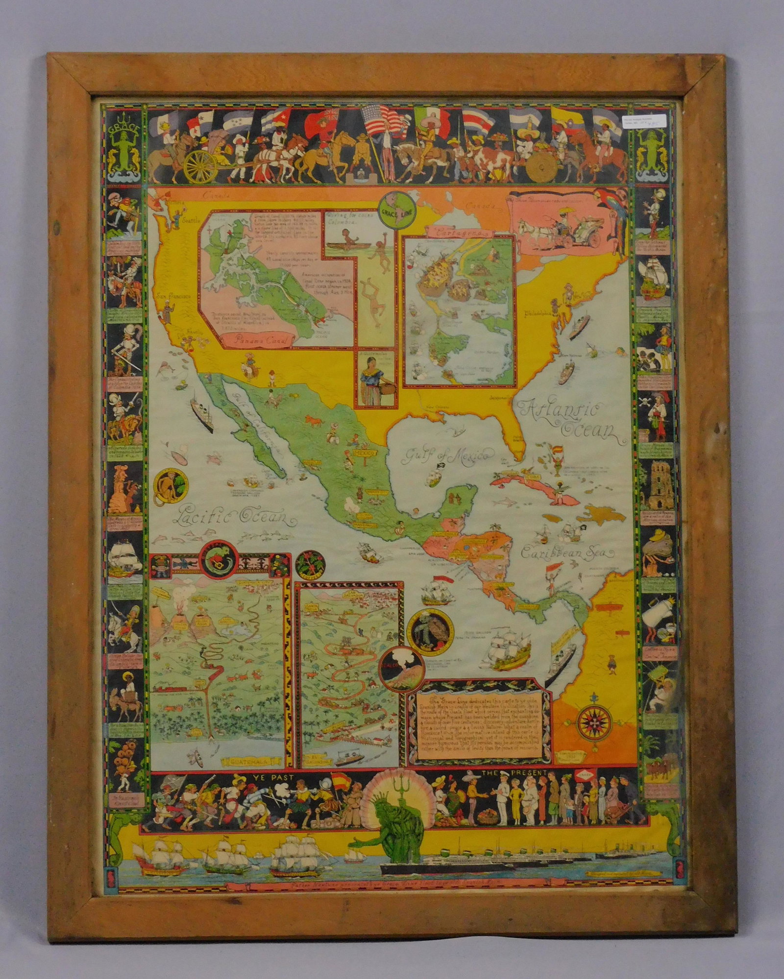 Jo Mora (1876-1947, Uruguay, CA) pictorial map.: This one in particular is from 1933, made for Grace Line. The map focuses on Central America, depicts whimsical cartoons of the events of the colonial era, south and central American, the Caribbean (i