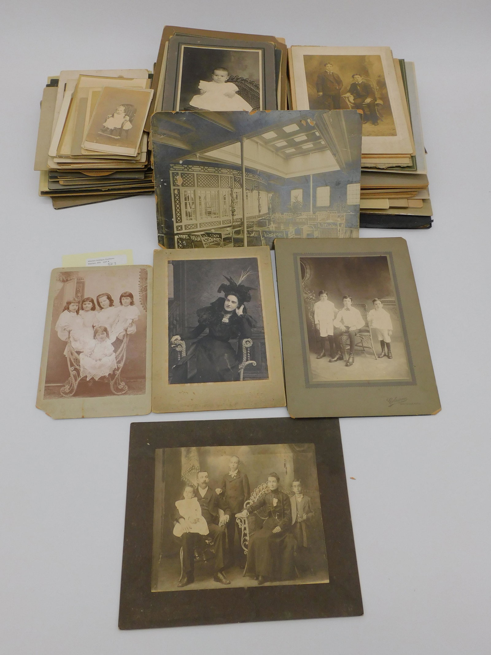 (133) cabinet cards depicting Victorian wicker: pieces being used as photography props. Late 19th century. Average measurement is approx. 6 1/2" high. Overall good condition with some foxing. Provenance: Steve Poole collection.