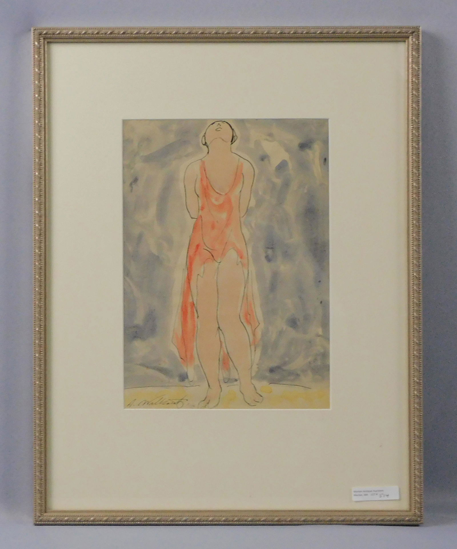 Abraham Walkowitz (1878-1965, b. Siberia, died: Brooklyn, NY) watercolor on paper, depicting Isadora Duncan, famous American dancer who Walkowitz painted many times. Signed lower left and dated 1916. Sight size 10 3/4" x 7 3/4", overall with modern
