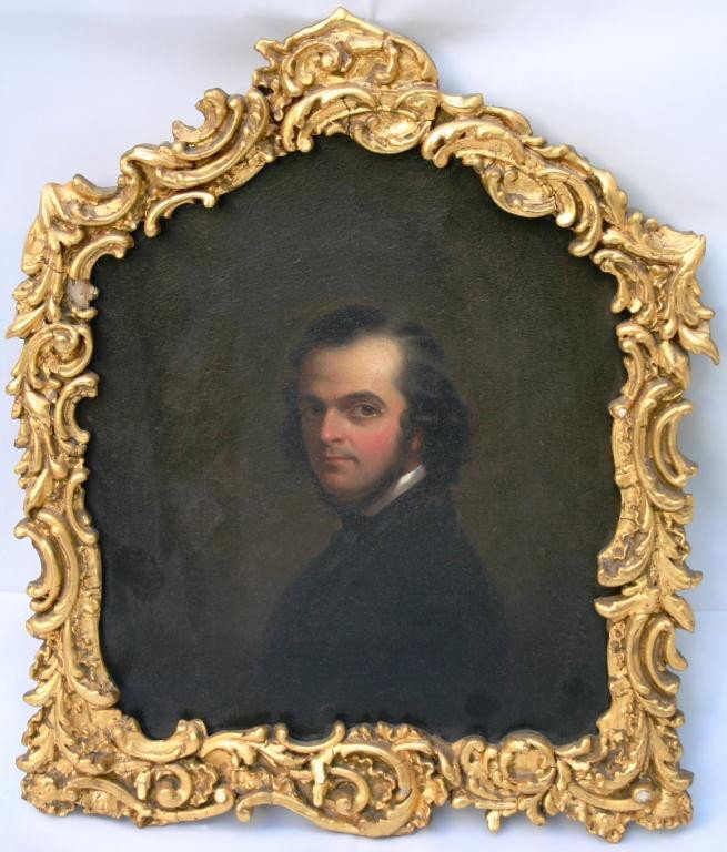 FRAMED OIL PAINTING ON BOARD, 1844 BY CEPHAS: GIOVANNI THOMPSON, "SELF PORTRAIT". PAINTED AS "A GIFT FOR HIS WIFE THEIR FIRST YEAR OF MARRIAGE", CLEANED, SIGHT SIZE 9" X 8". EXHIBITED AT THE FRUITLANDS MUSEUM AND CAHOON MUSEUM