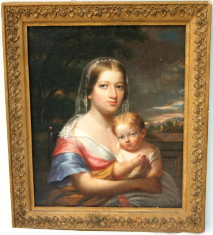 FRAMED OIL PAINTING ON CANVAS BY CEPHAS GIOVANNI: THOMPSON OF HIS WIFE AND DAUGHTER CORA, DATED 1845-1848, SIGHT SIZE 11 3/4" X 9 1/2", CLEANED, IN PERIOD FRAME. EXHIBITED AT FRUITLANDS MUSEUM AND CAHOON MUSEUM.