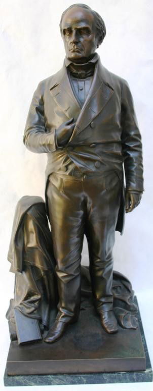 AMERICAN BRONZE SCULPTURE OF DANIEL WEBSTER,: DATED 1853 BY THOMAS BALL, BOSTON, MA 30" HIGH WITH MARBLE TOP MAHOGANY PEDESTAL, TOTAL HEIGHT WITH PEDESTAL 61", SIGNED T BALL SCULPT, PAT ASSIGNED TO CW NICHOLS