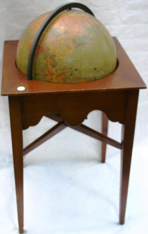 EARLY 20TH CENTURY TERRESTRIAL GLOBE ON: HEPPLEWHITE STYLE STAND, 38 1/2" HIGH, 20 1/2" X 20 1/2" STAND, DIAMETER OF GLOBE 16" BY REPLOGLE GLOBES & CO.