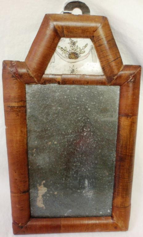 18TH CENTURY COURTING MIRROR WITH OLD GLASS: AND REVERSE PAINTED FLORAL PANEL AT TOP, 12 1/2" X 7 1/8", GOOD AS FOUND CONDITION