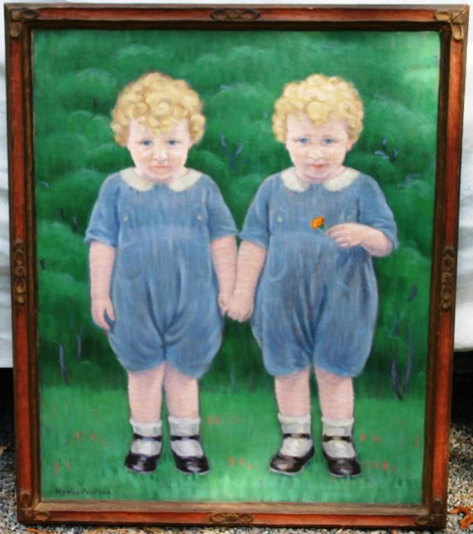 EARLY 20TH CENTURY OIL PAINTING ON BOARD: BY HARLEY PERKINS, DEPICTING TWIN GIRLS, SIGHT SIZE 40" X 33 1/2"