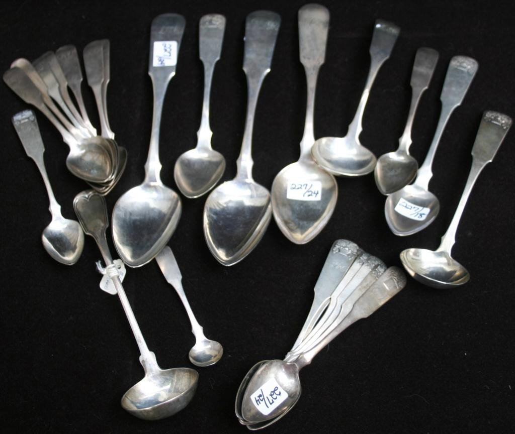 24 PIECES OF AMERICAN COIN SILVER FLATWARE,: C1835 BY EDWARD WATSON, BOSTON, 3 TABLESPOONS, 3 LADLES, 17 SPOONS, 1 SALT SPOON, 17.5 TROY OZ.