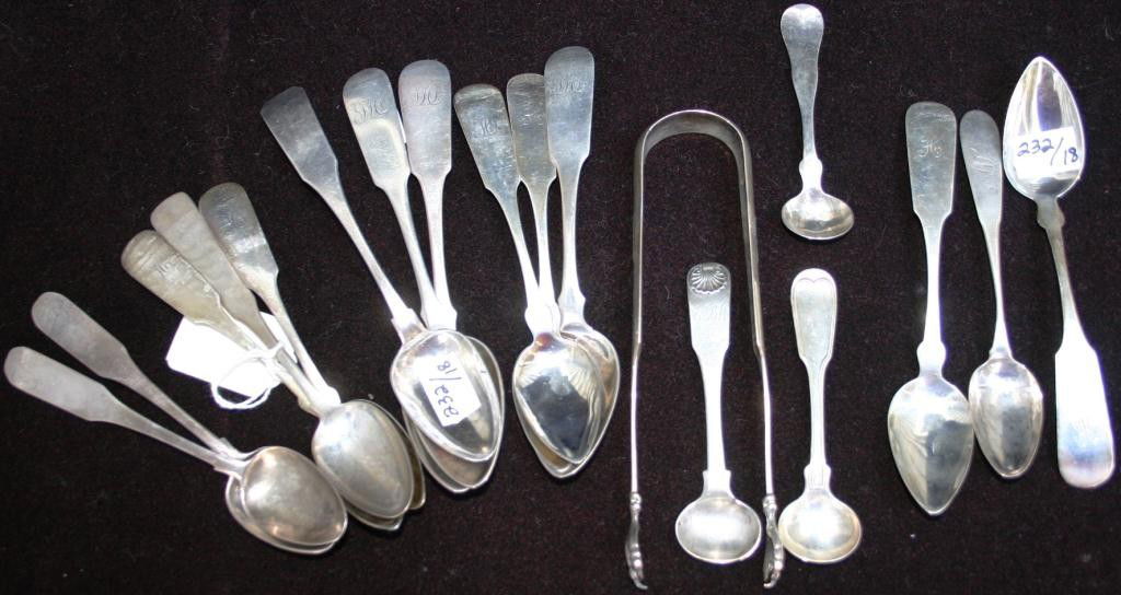 18 PCS OF AMERICAN COIN SILVER FLATWARE,: 6 SPOONS BY JAMES MUNROE, BARNSTABLE, MA, 9 SPOONS BY J. B. JONES AND JONES & WARD, 1 BY J. B. THAXTER, HINGHAM, TONGS BY JONES, 8.1 TROY OZ.