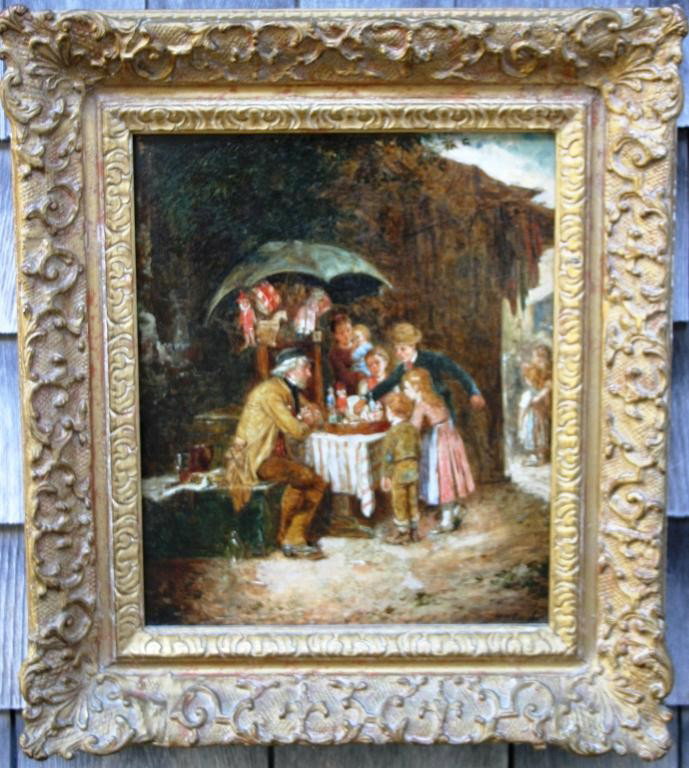 FRAMED OIL PAINTING ON CANVAS BY MARK WILLIAM: LANGLOIS (BRITISH, 1860-1890), SIGNED M.W. LANGLOIS "THE TOYSELLER", SIGHT SIZE 11 1/4" X 9 1/2"