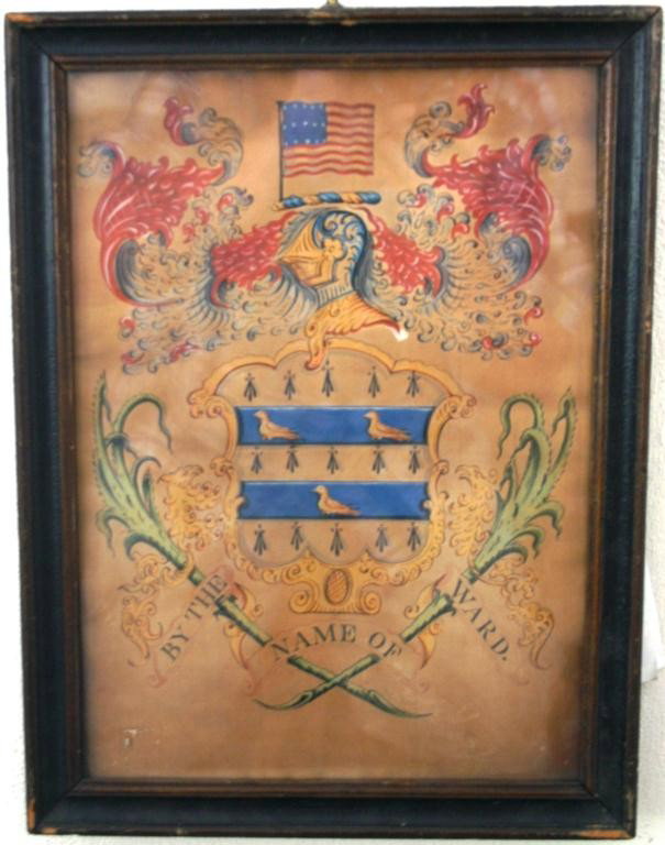 FRAMED AND GLAZED WATERCOLOR, THE WOOD FAMILY: COAT OF ARMS, BY JOHN COLES (HERALDRIC PAINTER OF BOSTON, 1796-1813), MIDDLEBORO FAMILY, SIGHT SIZE 13 1/2" X 9 1/2", ORIGINAL FRAME