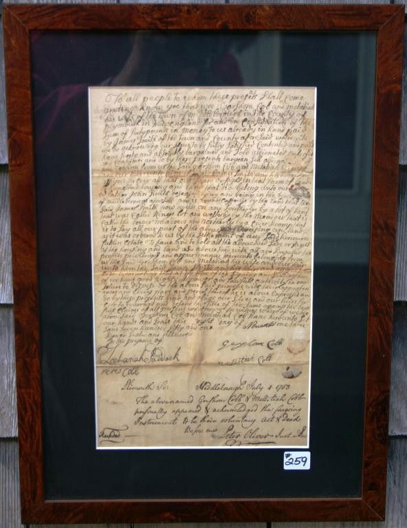 FRAMED AND GLAZED HAND WRITTEN DEED FROM: MIDDLEBOROUGH, DATED 1753, SIGNED BY PETER OLIVER, SIGHT SIZE 12" X 7"